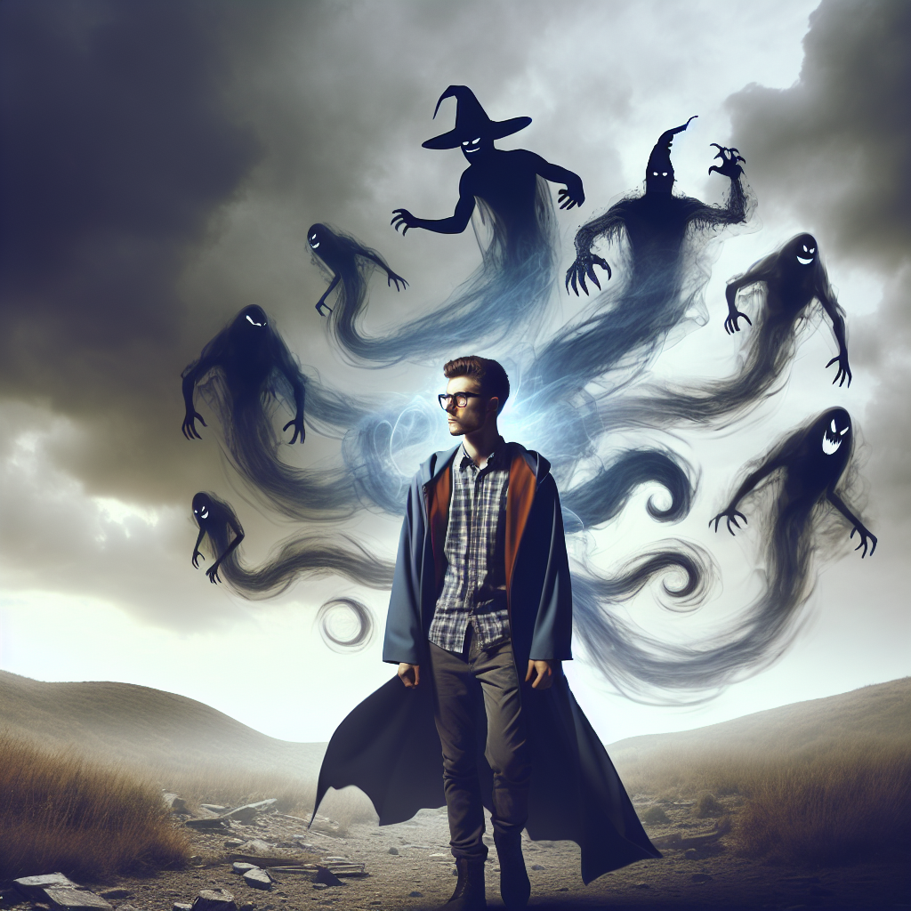 A young man stands in a desolate landscape, surrounded by ghostly, shadowy Dementor-like figures emerging from the mist, depicting a struggle with haunting past horrors, inspired by a book quote.