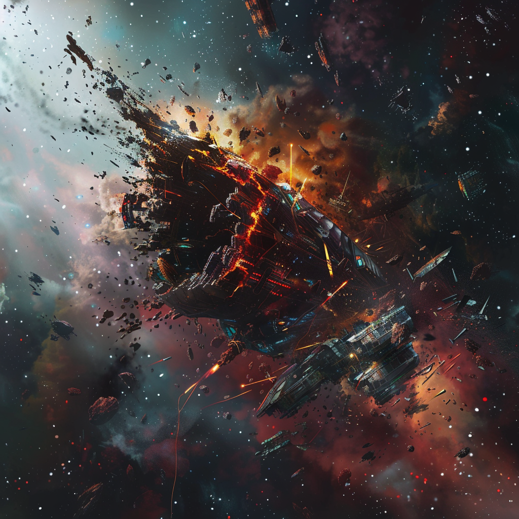 A spaceship endures intense gravitational forces, resulting in a chaotic scene of crumpled and twisted metal amid explosions in space.