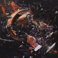 A vivid painting depicting a twisted, crumpled metal structure in space, bearing the marks of intense gravitational forces, amidst floating debris and fiery explosions.
