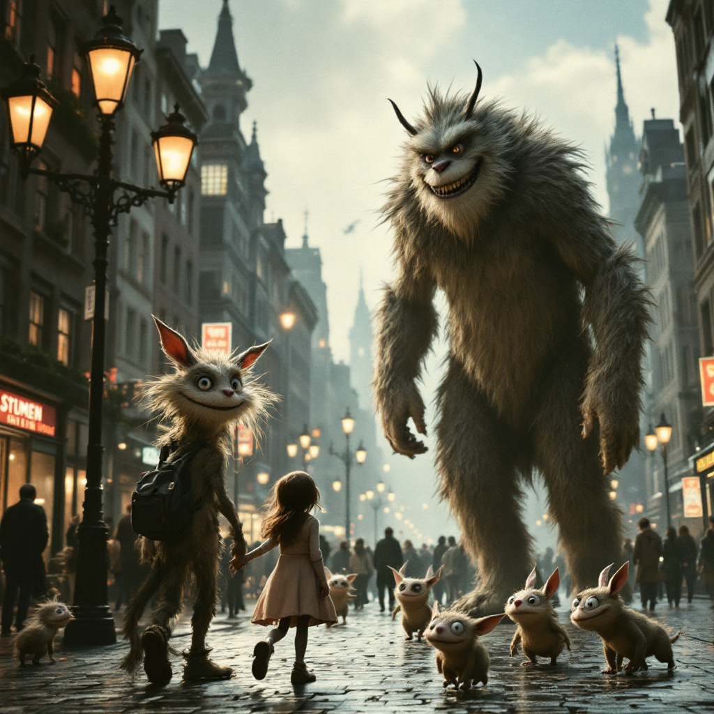 A whimsical scene shows a child holding hands with a friendly, monstrous creature in a city street, surrounded by smaller, cute animals, reflecting the quote about monsters with friendly faces.