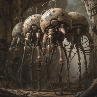 Four large, biomechanical creatures press together, their nerve receptors touching to link their brains, enhancing their decision-making capabilities. Their spherical bodies and multiple limbs give them an alien appearance.