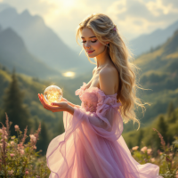 A young woman in a flowing pink gown stands in a sunlit meadow, gently holding a glowing orb, embodying the delicate yet resilient essence of hope amidst a serene mountainous backdrop.