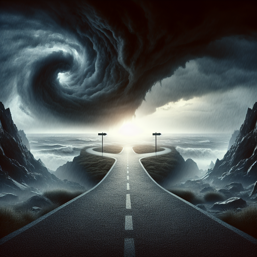 A road forks into two paths under a dark, swirling sky, symbolizing the quote: Dark and difficult times lie ahead. Soon we must all face the choice between what is right and what is easy.