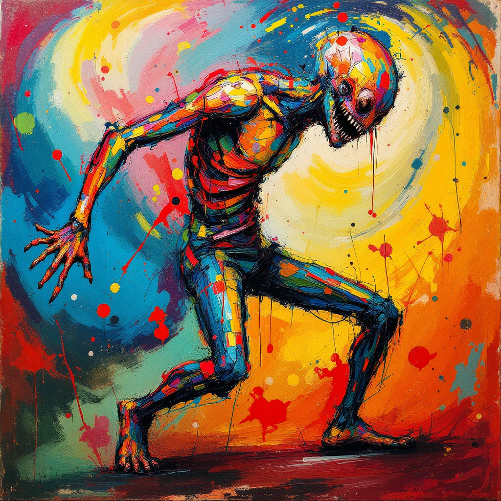 A vibrant, abstract figure leans forward amidst swirling colors, symbolizing the struggle of moving forward while leaving the past behind, evoking the quote about not looking back.