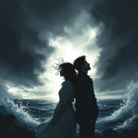 A woman and man stand back-to-back against a stormy sea, illuminated by dramatic lightning. Their strong bond symbolizes resilience in the face of adversity.