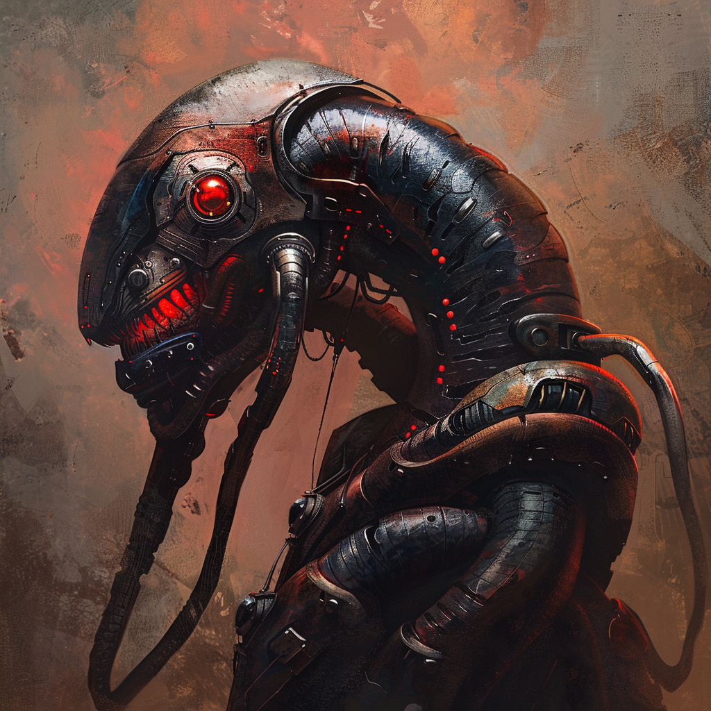 Illustration of a large black leech with eye-tipped limbs, featuring a metallic hood equipped with pincers and weapon barrels, set against a textured backdrop.