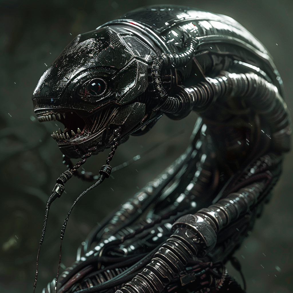 Digital artwork of a four-meter black leech with eye-tipped limbs and a metal hood featuring pincers and weapon barrels, set in a dim, misty background.