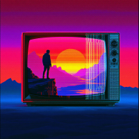 A vintage television displays a silhouetted figure standing at the edge of a cliff, overlooking a vibrant sunset, embodying the theme of contemplating the moment to take a leap.