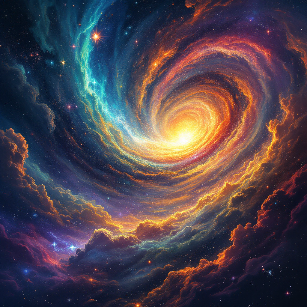 A vivid cosmic swirl of colors, with a radiant center surrounded by swirling clouds and stars, symbolizing the chaotic dance of the universe and our role as mere spectators.