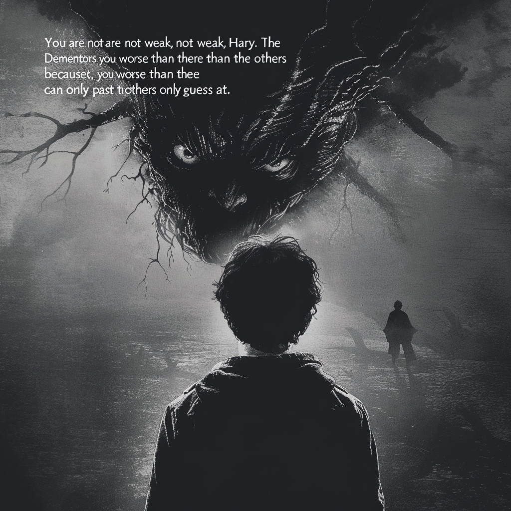 A shadowy figure of Harry stands facing a looming, menacing Dementor, with the quote addressing his past horrors superimposed above. Another figure walks in the foggy, dark background.