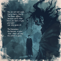 A haunting illustration depicts Harry Potter facing a menacing Dementor in gloomy tones, with a quote that explains the Dementor affects him more due to his traumatic past.