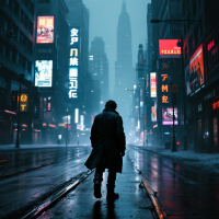 A cloaked figure stands alone in a rain-soaked city street, neon lights reflecting off the pavement, embodying the quote about the unpredictable journey ahead.