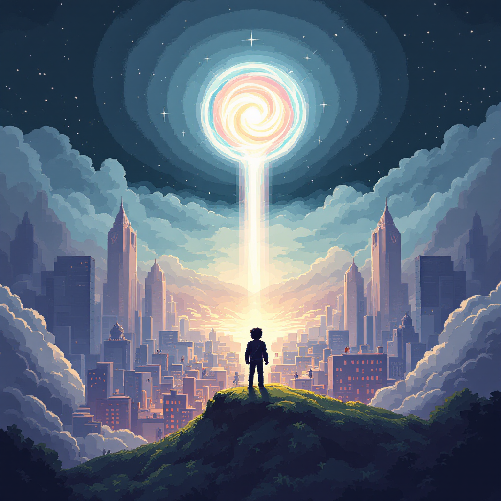 A silhouette of a figure stands on a hill, gazing up at a swirling light emanating from the sky, illuminating a city below, symbolizing the connection between belief and truth.