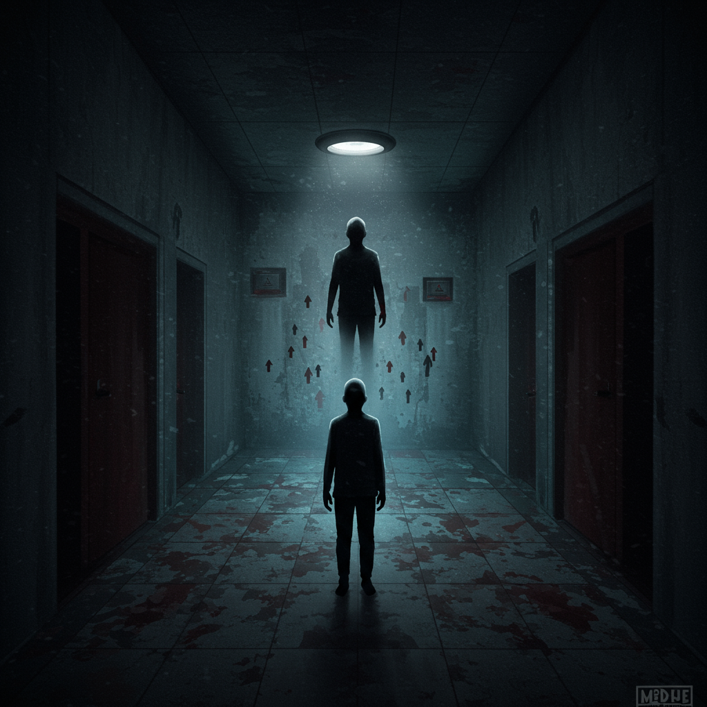 A shadowy figure stands in a dim corridor beneath a floating, indistinct silhouette, symbolizing SCP-4739's antimemetic field that erases perception and memory.