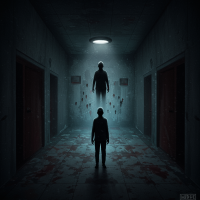 A shadowy figure stands in a dim corridor beneath a floating, indistinct silhouette, symbolizing SCP-4739's antimemetic field that erases perception and memory.