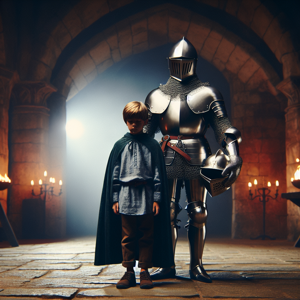 A young boy stands next to a protective knight in armor inside a dimly lit castle, capturing the essence of the quote, Get away from my godson.