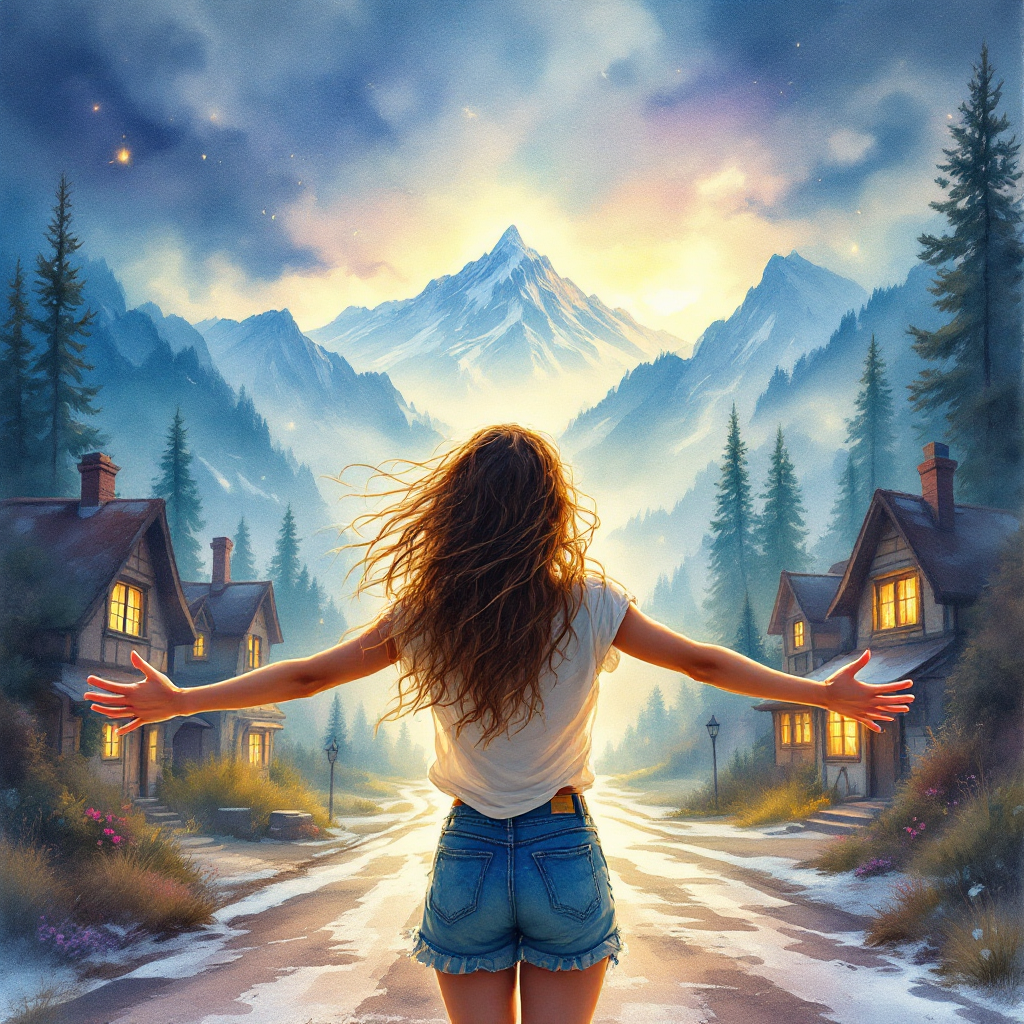 A woman stands with her arms outstretched, facing a breathtaking mountain landscape at dawn, embodying the spirit of embracing new opportunities and letting go of the past.