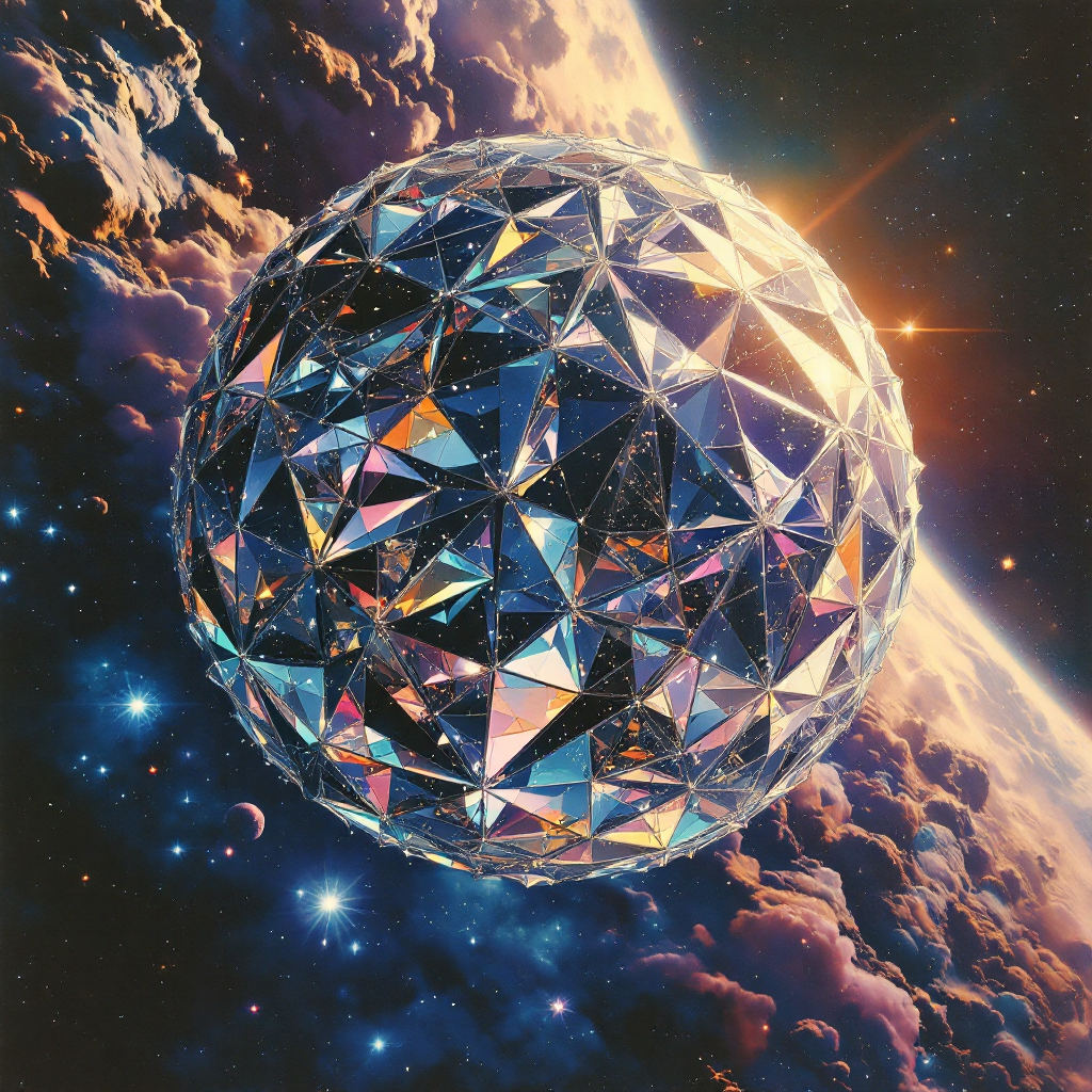 A massive, geometric sphere adorned with triangular protrusions glimmers in space, surrounded by clouds and starlight, resembling an alien vessel encased in a luminous bubble.