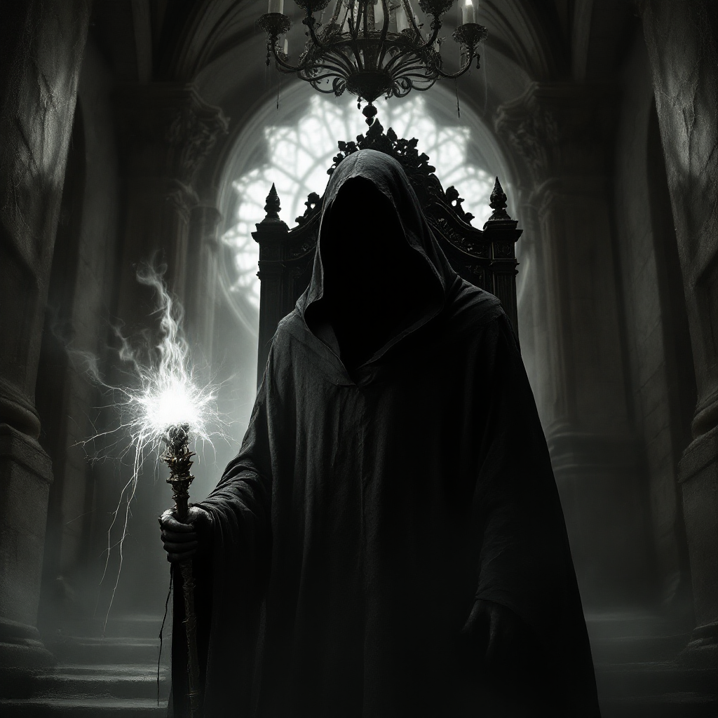 A dark, cloaked figure stands before an ornate throne, holding a glowing staff. Shadows loom in a grand hall, evoking the ominous presence of The Dark Lord always knows.