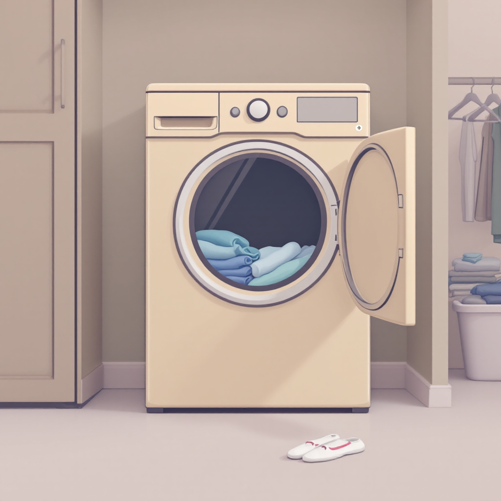 A light-colored dryer stands in a tidy laundry room, its door open to reveal neatly stacked blue towels inside. A single white sock lies on the floor nearby.