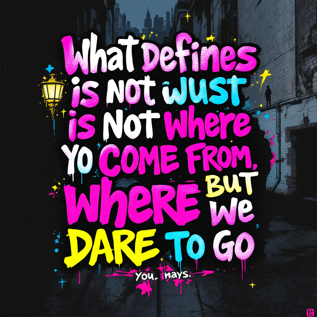 Colorful typography of a motivational quote emphasizes self-definition through action and ambition against a dark, urban backdrop, highlighting where we dare to go.