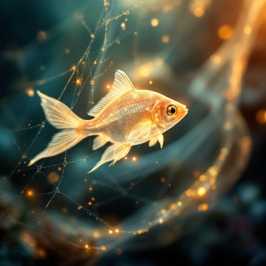 A shimmering goldfish swims in a delicate web of light, embodying the elusive nature of truth as it slips through a tangle of sparkling threads, just as the quote describes.