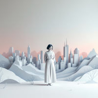 A serene figure in a flowing white dress stands on a snowy landscape, overlooking a distant cityscape at dawn, embodying the essence of leadership: knowing when to act and when to wait.