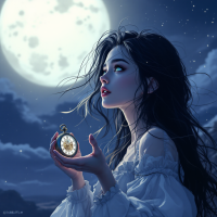 A woman with flowing dark hair gazes at a pocket watch, illuminated by a full moon, embodying the enchanting allure of controlling one's destiny.