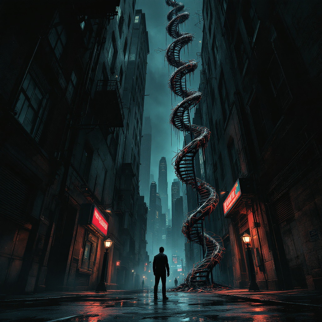 A lone figure stands in a dark alley, gazing up at a twisting ladder that reaches skyward, symbolizing the idea that chaos is a pathway to opportunity and growth.