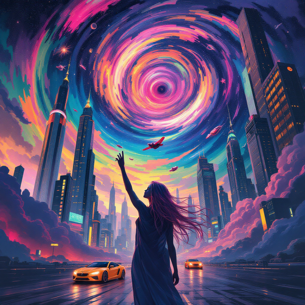 A figure with flowing hair stands before a vibrant cosmic whirlpool above a city skyline, symbolizing the power of personal choice against a backdrop of swirling colors.