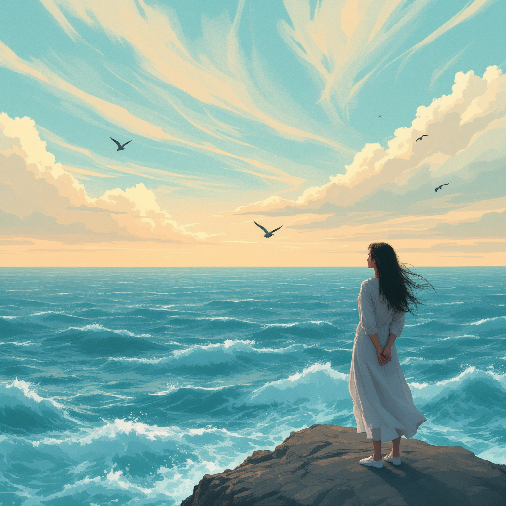 A woman in a flowing white dress stands on a rocky shore, gazing at the expansive ocean and vibrant sky, embodying the courage to face her fears amidst the vastness of nature.