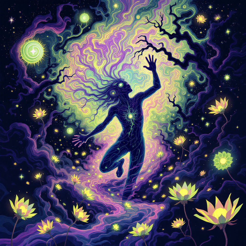 A silhouette of a figure with flowing hair reaches towards a vibrant, cosmic background filled with swirling colors, stars, and glowing flowers, reflecting the journey of life and death.