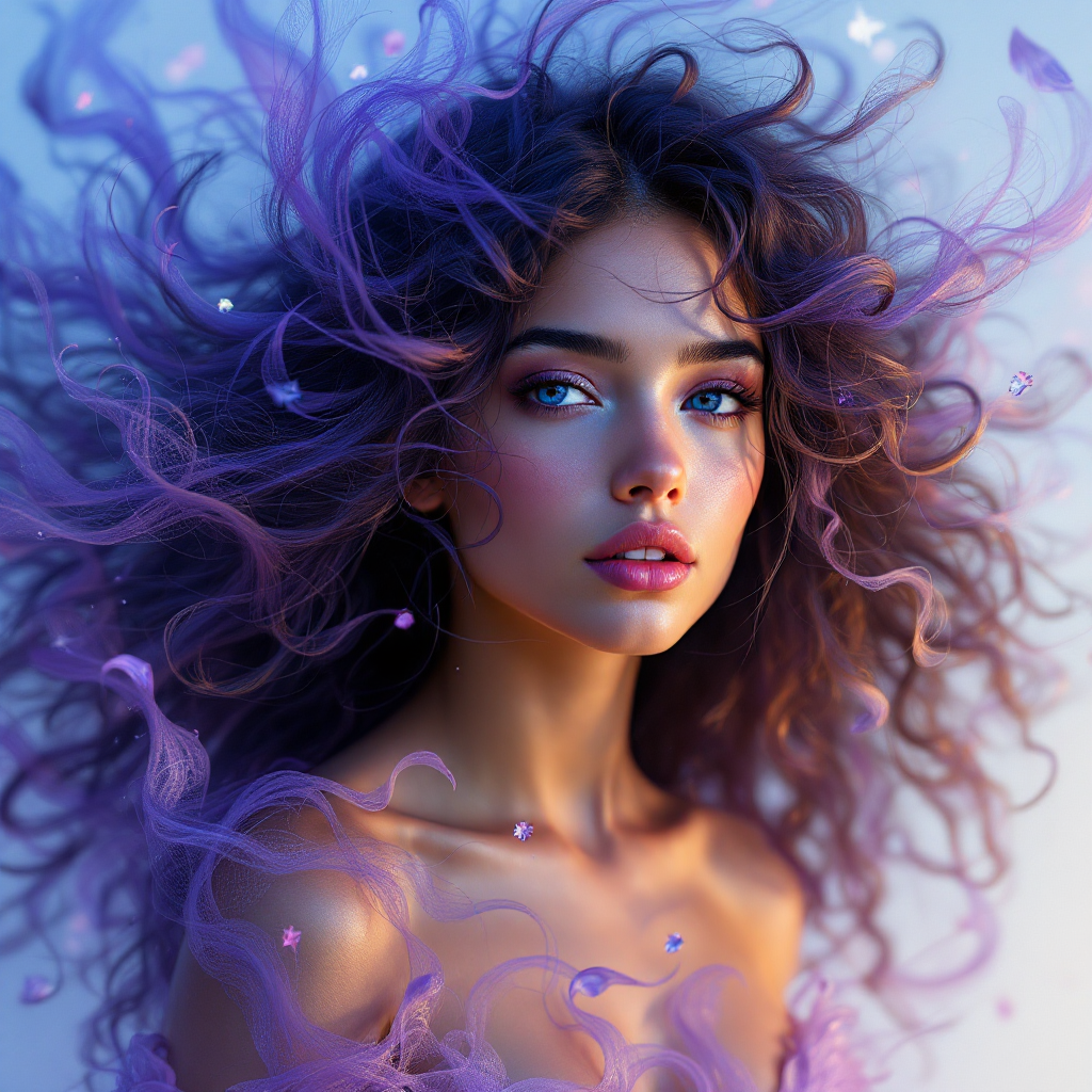 A portrait of a young woman with voluminous, flowing purple hair, surrounded by ethereal wisps, embodying beauty in diversity and the celebration of being different.