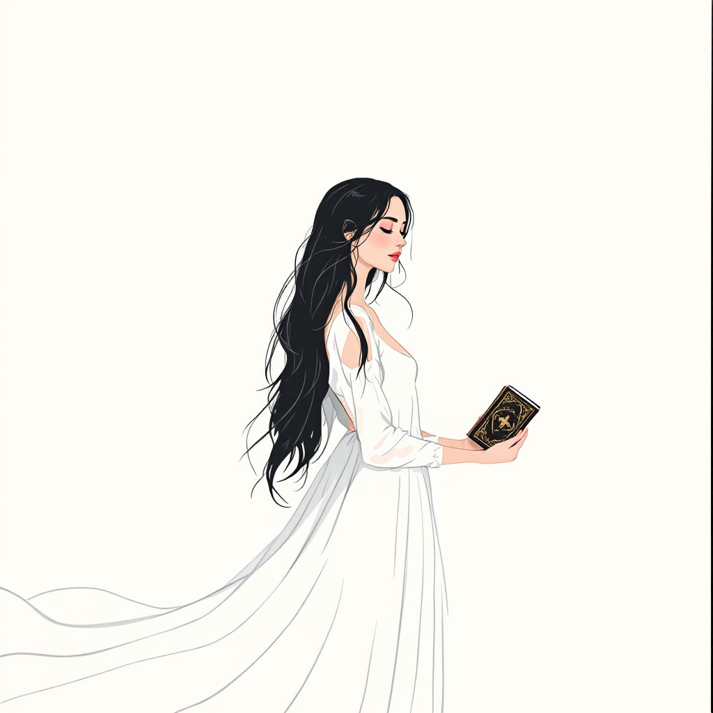 A woman in a flowing white dress holds an ornate book, her long black hair cascading down as she gazes thoughtfully, embodying the essence of the quote about repeating the past.