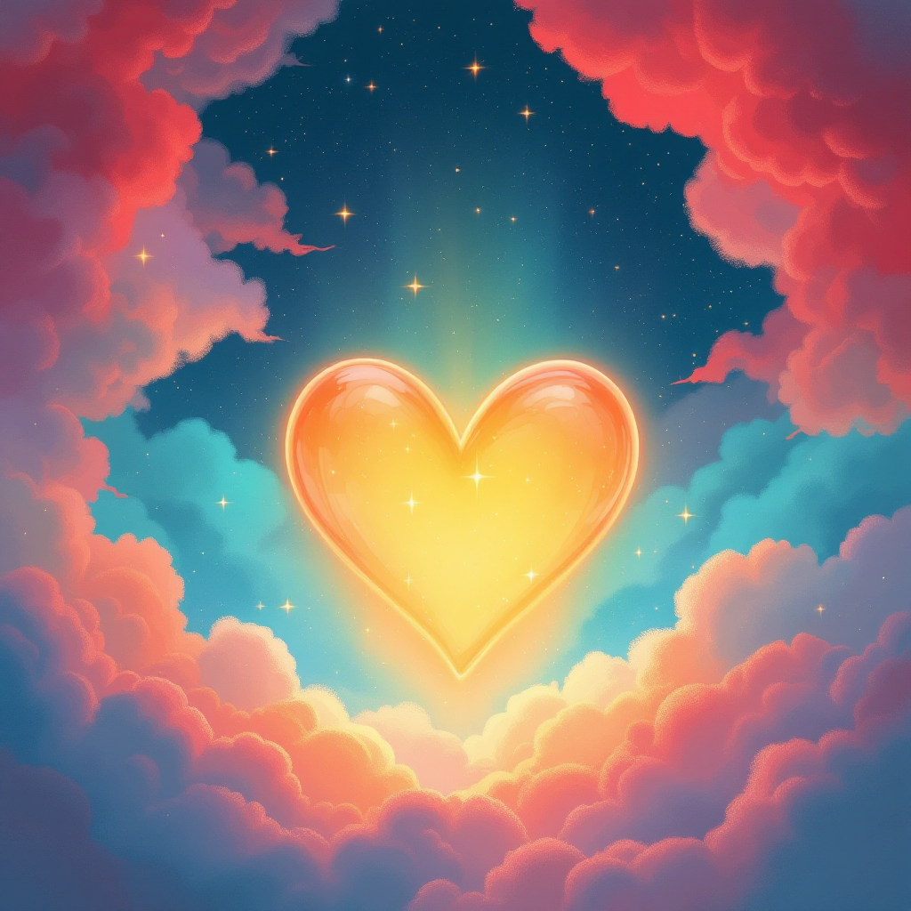 A luminous heart glows amidst colorful clouds, symbolizing the essence of self-love, reflecting the idea that the love you feel is your own.