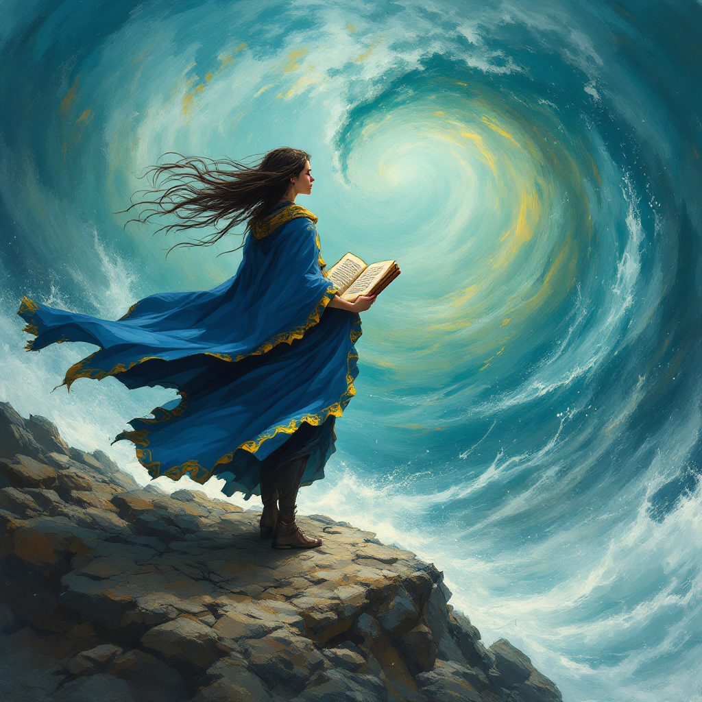 A figure in a blue cloak stands on a rocky ledge, holding an open book as a swirling storm brews in the background, embodying the idea that heroes are made by their choices in danger.