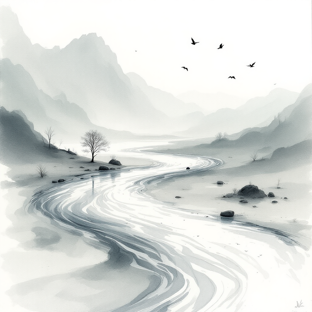 A serene landscape featuring a winding river flowing through misty mountains, accompanied by a solitary tree and birds soaring above, embodying the passage and navigation of time.