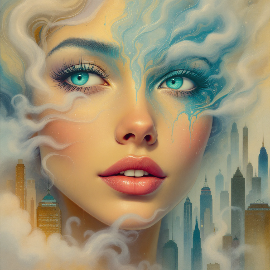 A dreamlike portrait of a woman with striking blue eyes, surrounded by swirling clouds and a hazy cityscape, capturing the essence of fleeting happiness amidst impermanence.