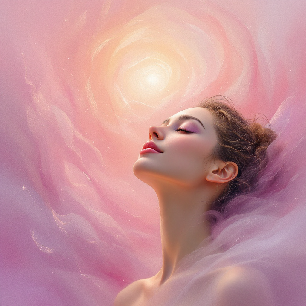 A serene woman with closed eyes gazes upward, surrounded by ethereal swirls of soft pink hues, embodying the transformative power of art as expressed in the quote.