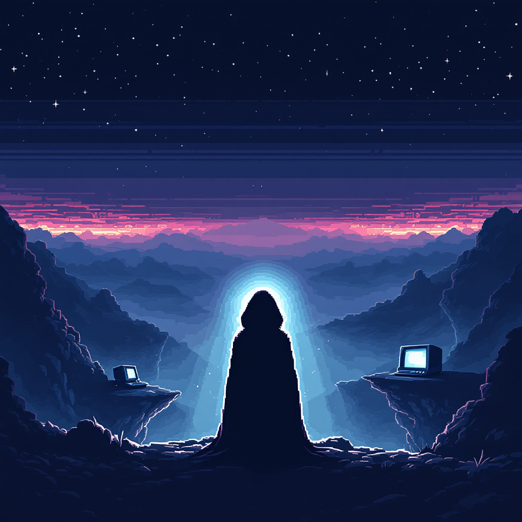 A cloaked figure stands on a rocky ledge, gazing at a starry sky and distant mountains, flanked by old computers, symbolizing the fear of the unknown and the limits on growth.