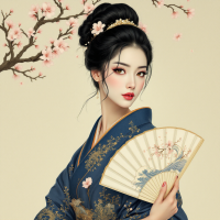 A serene woman in a blue kimono holds a fan against a backdrop of delicate cherry blossoms, embodying resilience amidst turmoil, in response to a quote about maintaining a positive mentality.