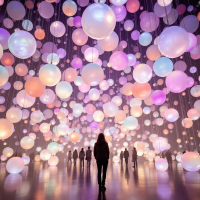 A silhouette of a person stands in a dimly lit space filled with colorful, glowing spheres, reflecting the quest to find one’s place in the world amidst a sea of light.