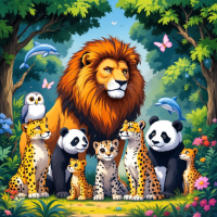 A vibrant scene in a lush forest featuring a lion surrounded by various animals, including pandas, leopards, and dolphins, symbolizing cooperation and shared strengths in nature.