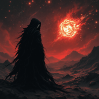 A figure draped in dark robes stands against a stark, fiery red sky filled with stars, embodying the quote, You can't please everyone, and you can't be everyone.