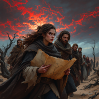 A group of travelers stands in a desolate landscape, with a determined woman holding a weathered map, all under a dramatic red and orange sky, embodying the search for meaning and connection.