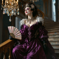 A glamorous woman in a lavish purple gown and ornate accessories sits on an elegant staircase, holding a fan, embodying the quote, Revenge is always better served with a smile.