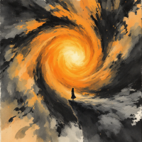 A solitary figure stands at the edge of a cliff, gazing into a swirling vortex of orange and black, representing the duality of hope leading to greatness or despair.