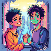 Two animated characters, a girl and a boy, smile as they hold hands against a vibrant city backdrop, embodying the essence of true friendship through mutual support.