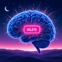 A vibrant, neon-blue brain surrounded by electric sparks, featuring a prominent pink DELETE button, set against a twilight landscape with a crescent moon.