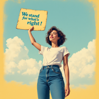 A young woman confidently holds a sign that reads, We stand for what's right! against a bright blue sky with fluffy white clouds, embodying the spirit of standing up for justice.